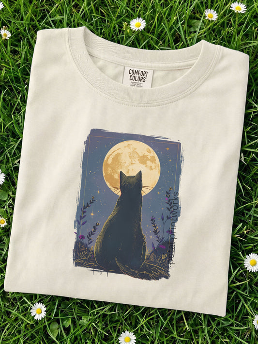 Moon Cat Comfort Colors T-Shirt | Witchy Cat Shirt | Cottagecore Aesthetic Tee | Soft Alt Graphic Tee | Nature Lover Gif