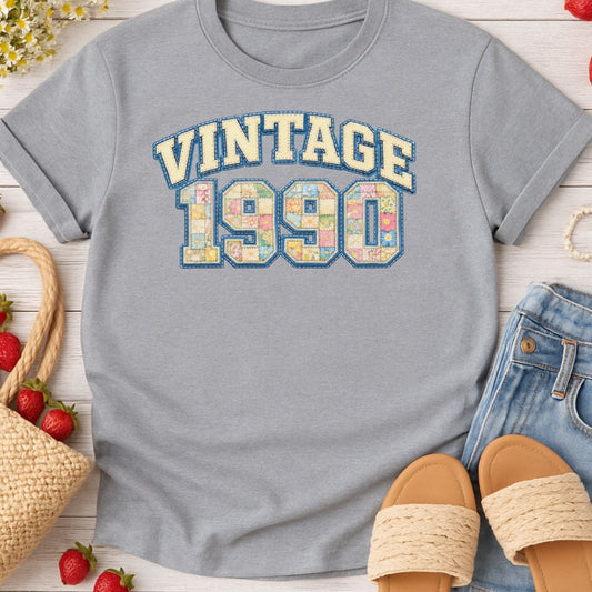 Vintage 1990 Floral Birthday Shirt - Vintage Varsity patchwork Tee- Cottage core retro 90s shirt