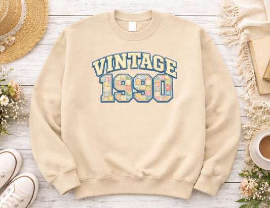 Vintage 1990 Varsity Sweatshirt | Floral Quilt Patchwork Crewneck | Retro 90s Birthday Sweatshirt