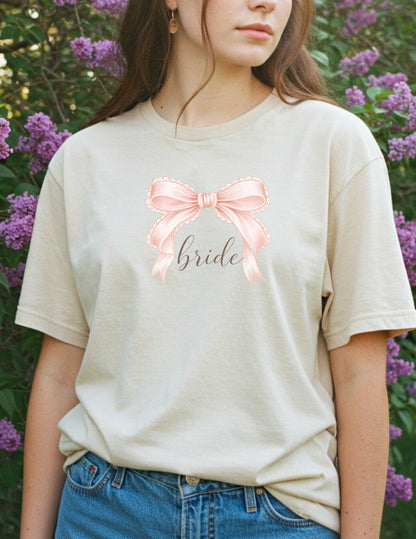 Coquette Bow Bride T-shirt- Blush Pink Lace Bow- Bridal party bachelorette party t-shirt