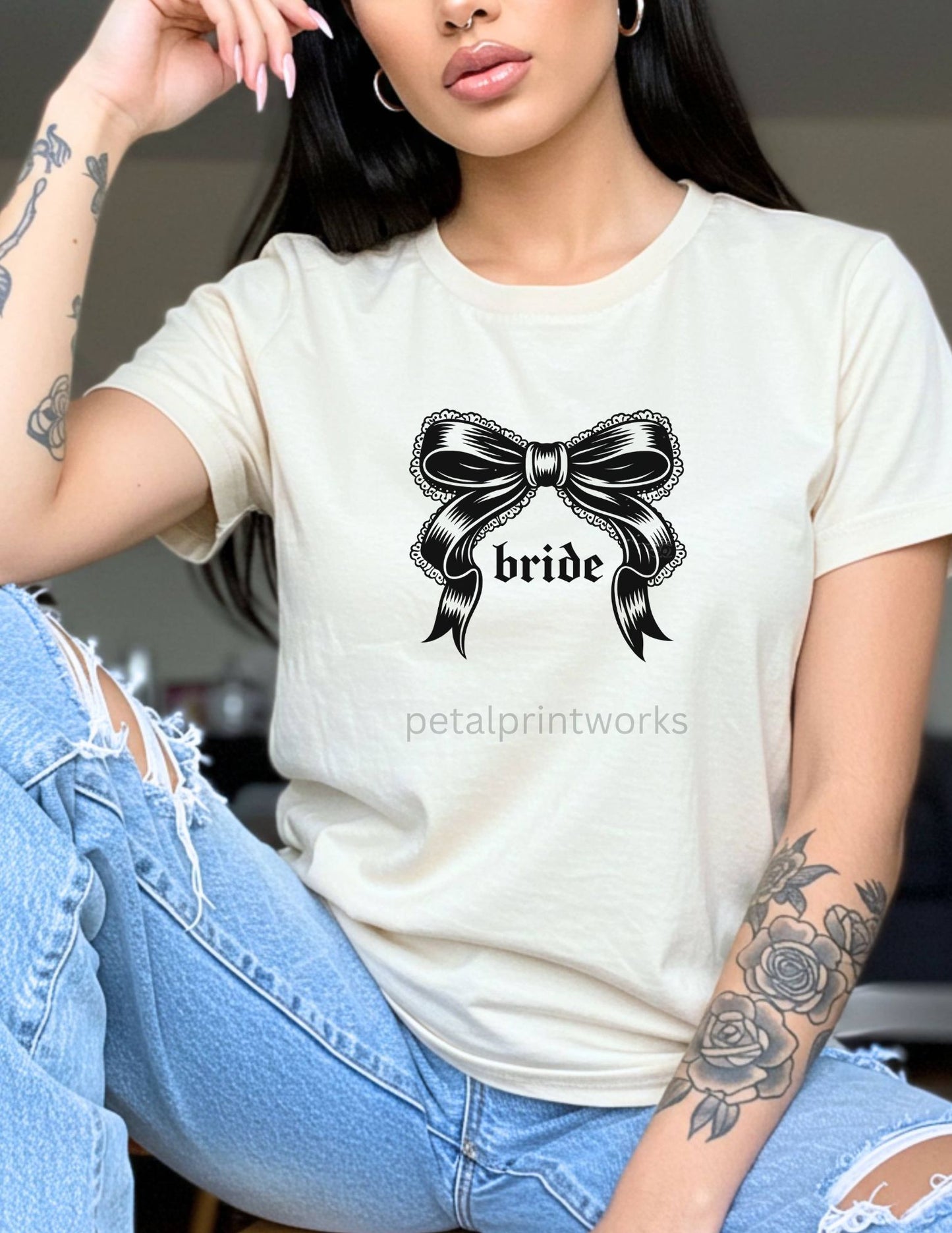 Alt Bridal Bow Tshirt- Alternative Edgy Bridal Party T-shirt - Black Coquette Bow
