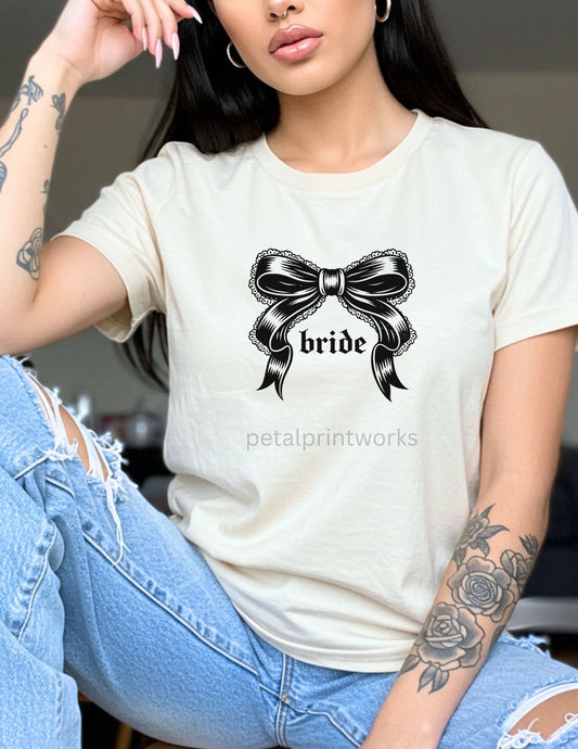 Alt Bridal Bow Tshirt- Alternative Edgy Bridal Party T-shirt - Black Coquette Bow