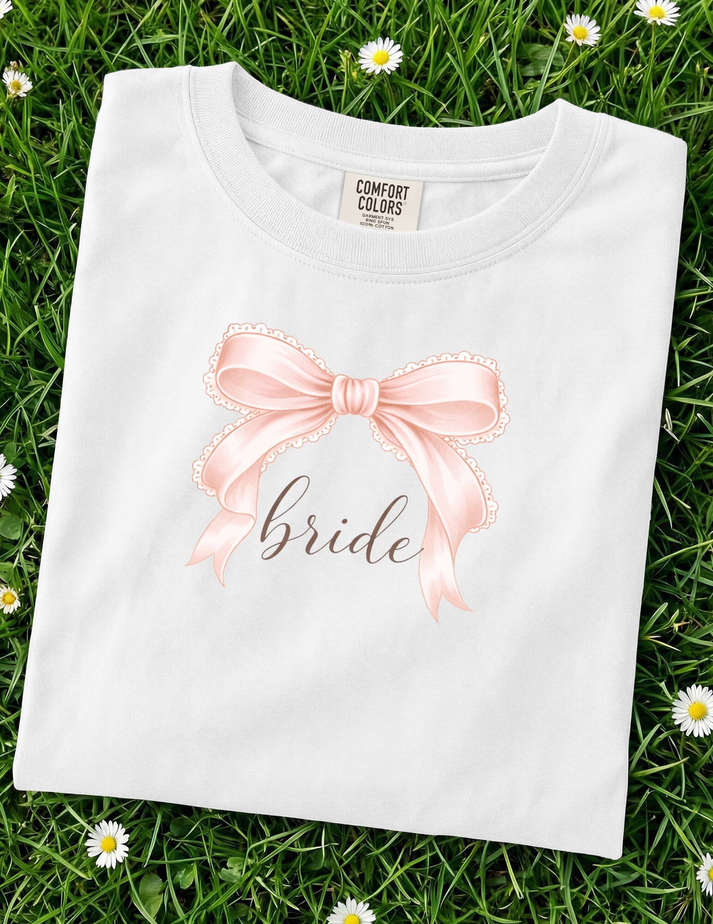Coquette Bow Bride T-shirt- Blush Pink Lace Bow- Bridal party bachelorette party t-shirt