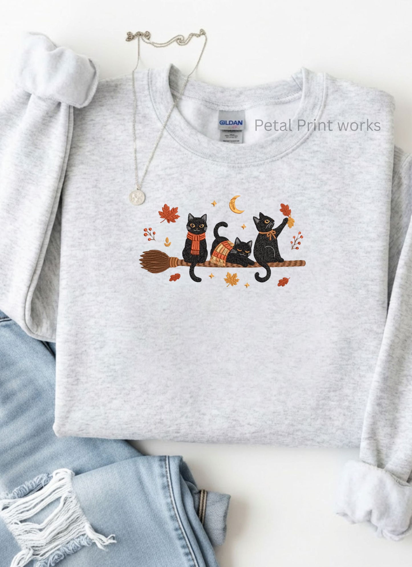 Cozy Black Cat Embroidered Crewneck | Vintage Fall Halloween Sweatshirt