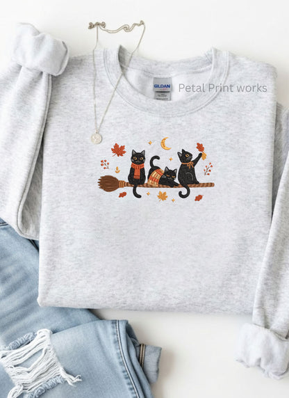 Cozy Black Cat Embroidered Crewneck | Vintage Fall Halloween Sweatshirt