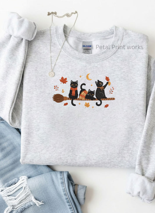 Cozy Black Cat Embroidered Crewneck | Vintage Fall Halloween Sweatshirt