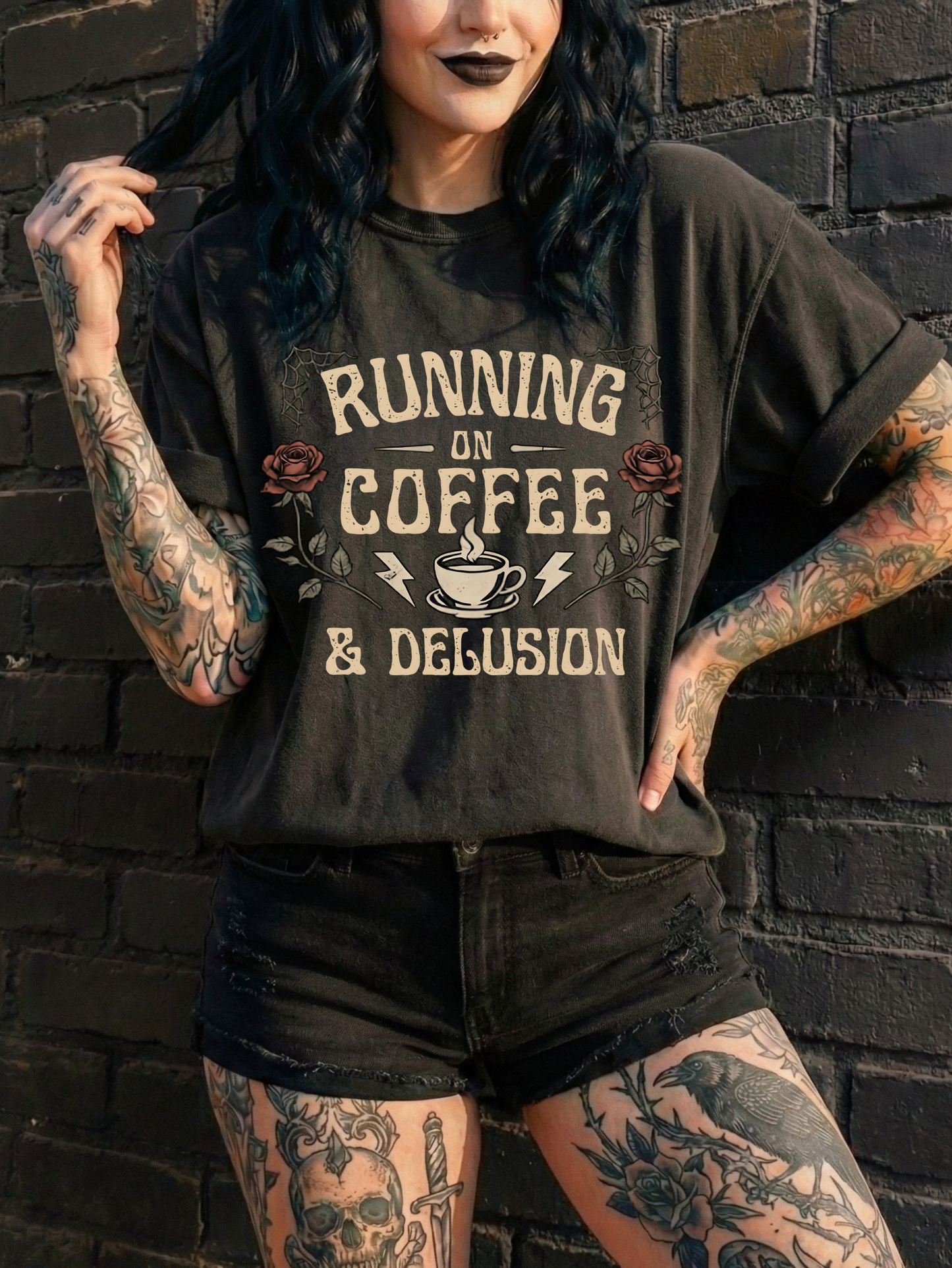 Running on Coffee & Delusion Shirt | Funny Mom Shirt | Grunge Aesthetic Tee | Overstimulated Mom | Black Graphic Tee