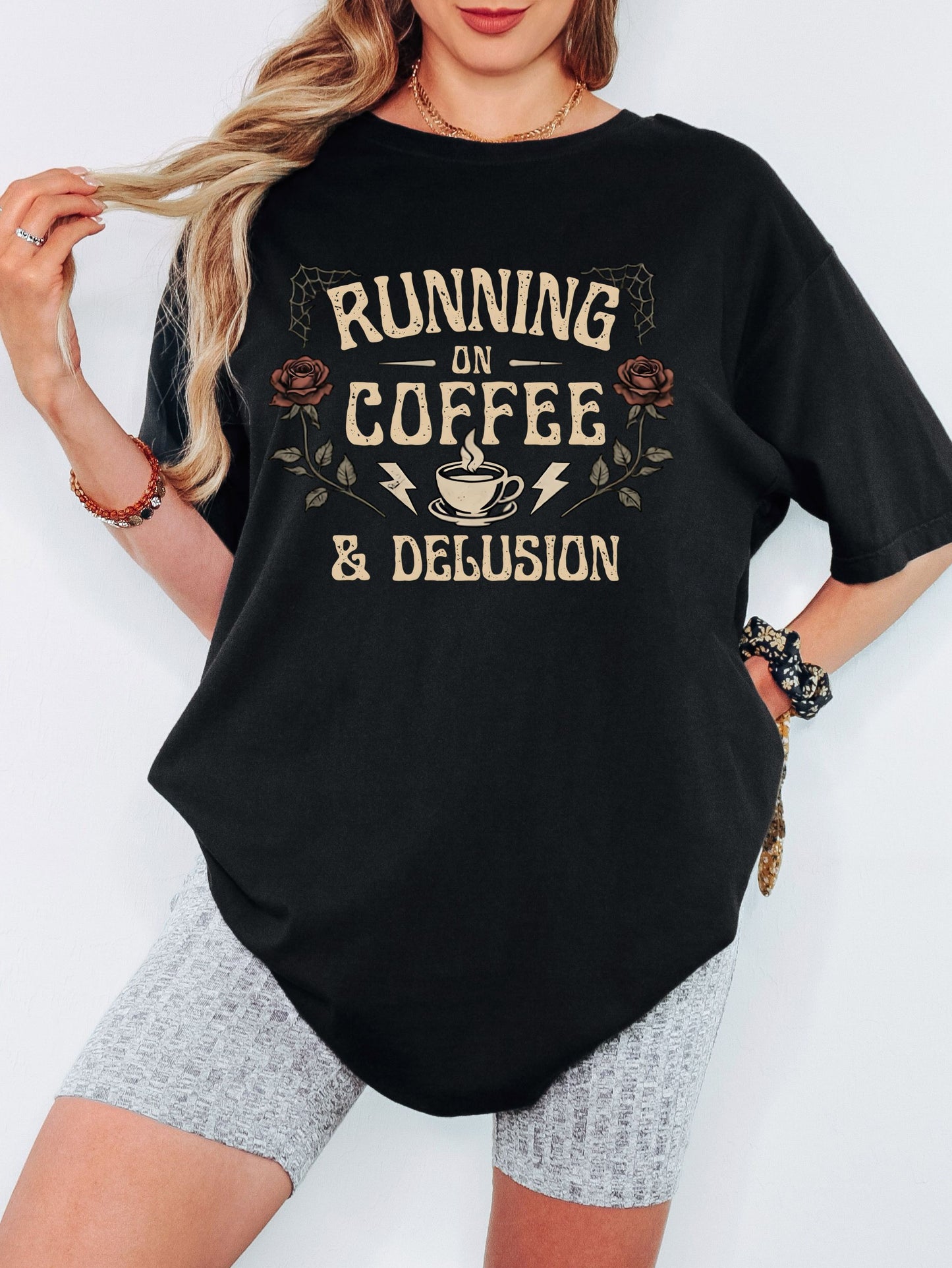Running on Coffee & Delusion Shirt | Funny Mom Shirt | Grunge Aesthetic Tee | Overstimulated Mom | Black Graphic Tee