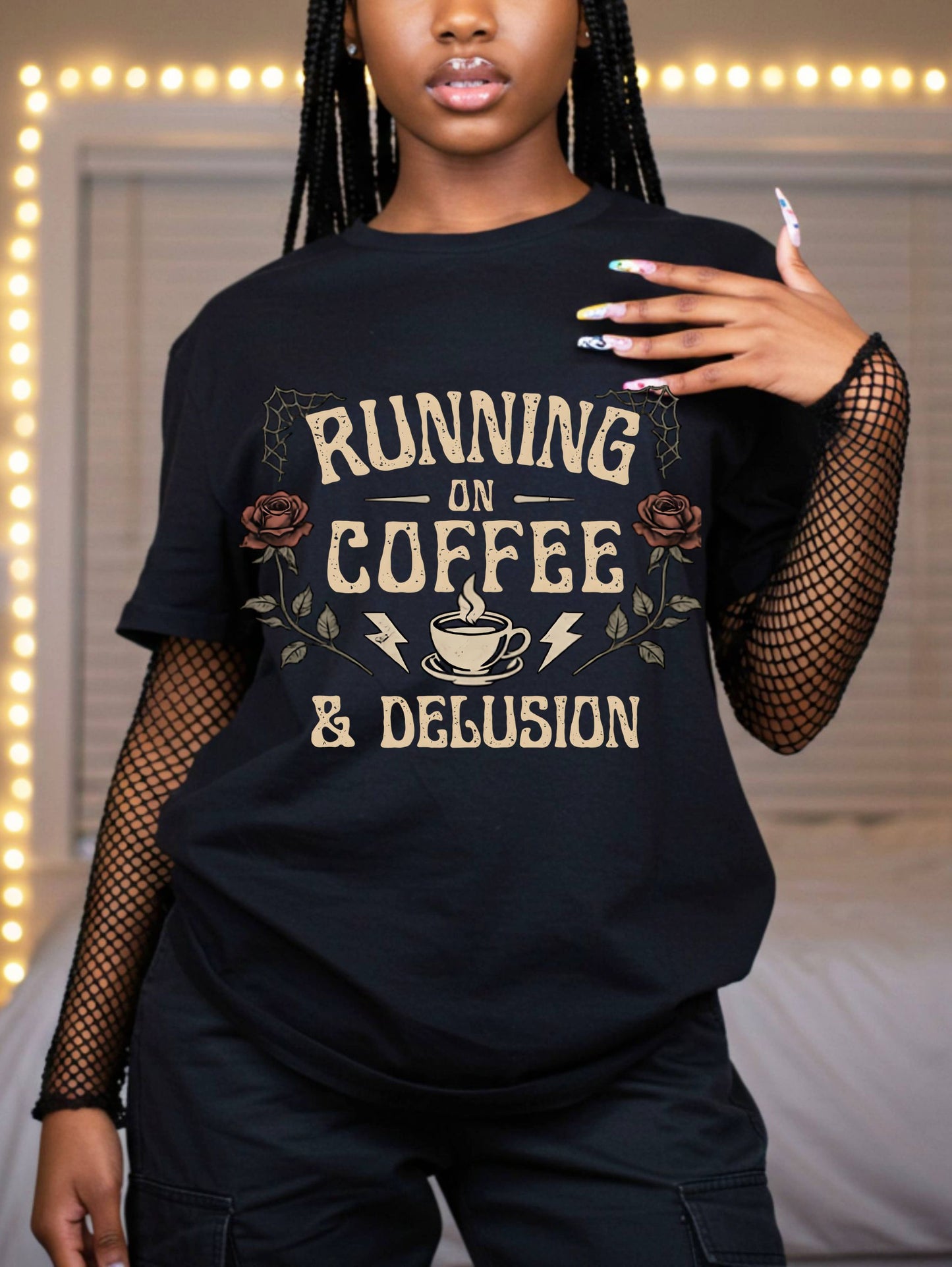Running on Coffee & Delusion Shirt | Funny Mom Shirt | Grunge Aesthetic Tee | Overstimulated Mom | Black Graphic Tee