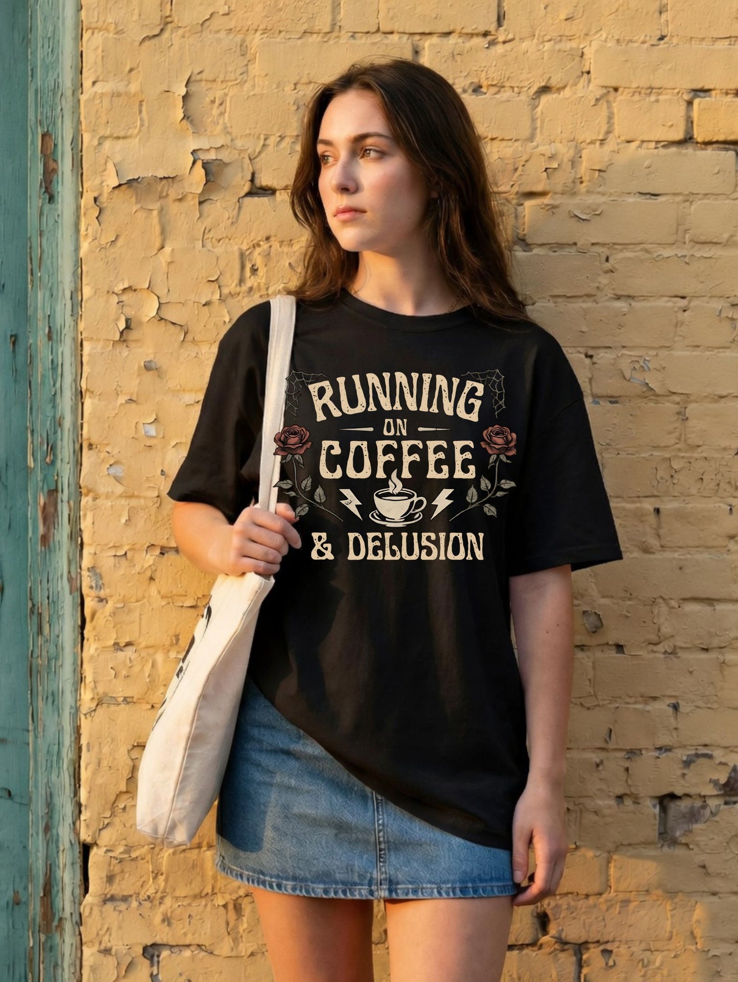 Running on Coffee & Delusion Shirt | Funny Mom Shirt | Grunge Aesthetic Tee | Overstimulated Mom | Black Graphic Tee