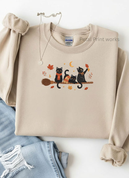 Cozy Black Cat Embroidered Crewneck | Vintage Fall Halloween Sweatshirt