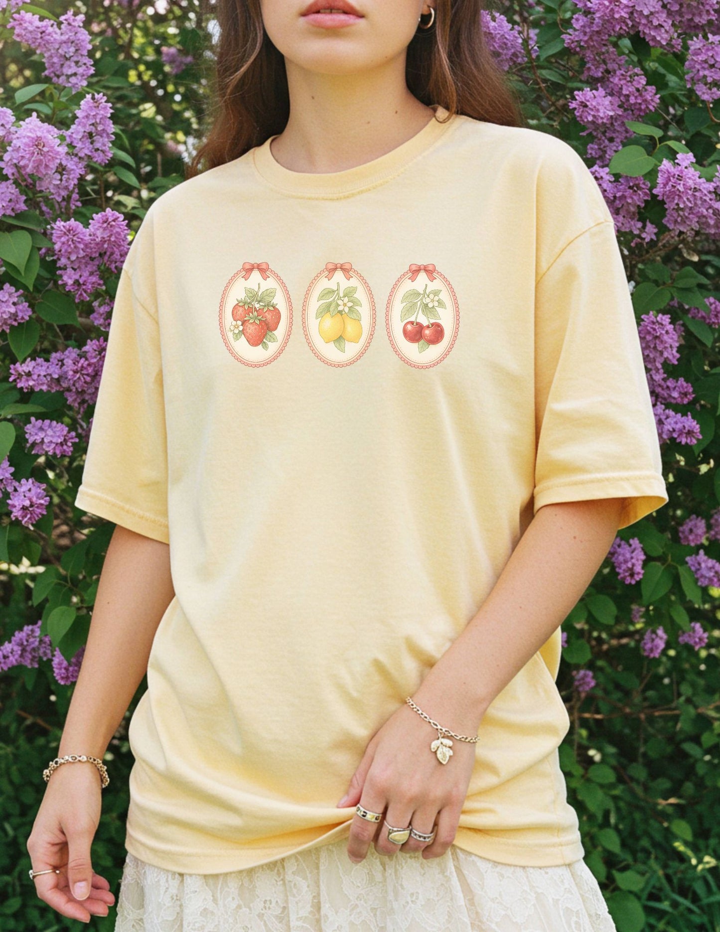 Fruit Cameo Graphic Tee - Strawberry, Lemon, Cherry Shirt - Vintage Spring Botanical Tee - Coquette Fruit Shirt - Soft Aesthetic Tee
