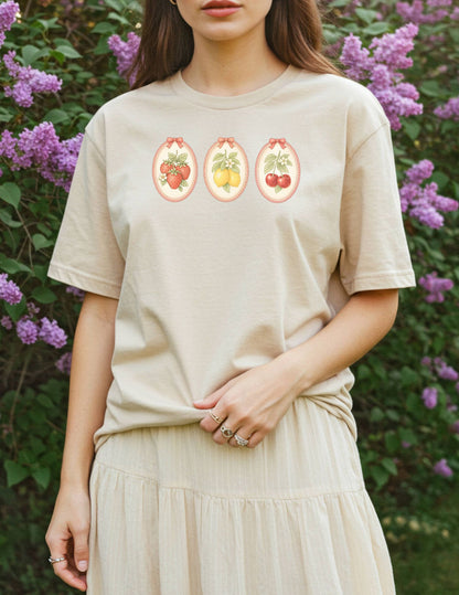 Fruit Cameo Graphic Tee - Strawberry, Lemon, Cherry Shirt - Vintage Spring Botanical Tee - Coquette Fruit Shirt - Soft Aesthetic Tee