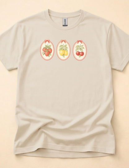 Fruit Cameo Graphic Tee - Strawberry, Lemon, Cherry Shirt - Vintage Spring Botanical Tee - Coquette Fruit Shirt - Soft Aesthetic Tee