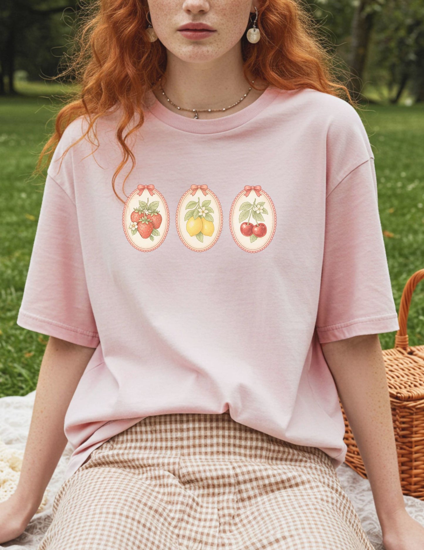 Fruit Cameo Graphic Tee - Strawberry, Lemon, Cherry Shirt - Vintage Spring Botanical Tee - Coquette Fruit Shirt - Soft Aesthetic Tee