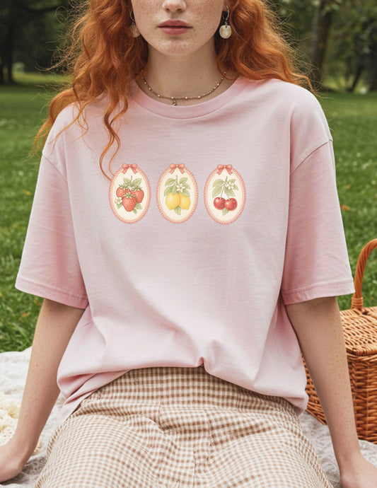 Fruit Cameo Graphic Tee - Strawberry, Lemon, Cherry Shirt - Vintage Spring Botanical Tee - Coquette Fruit Shirt - Soft Aesthetic Tee