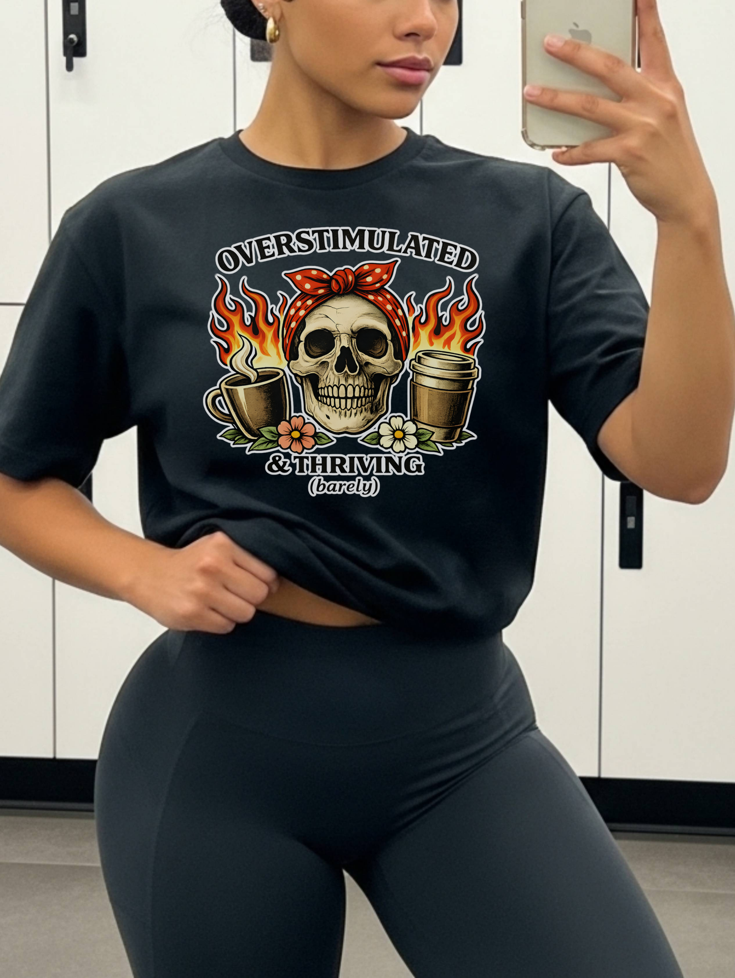 Overstimulated but thriving barely T-shirt | Alt mom Tshirt| Black Skull and coffee burnout t-shirt | funny ADHD shirts