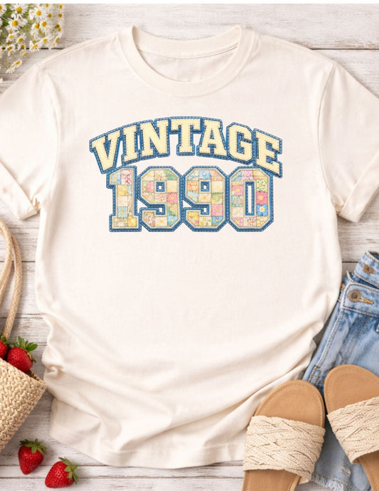 Vintage 1990 Floral Birthday Shirt - Vintage Varsity patchwork Tee- Cottage core retro 90s shirt
