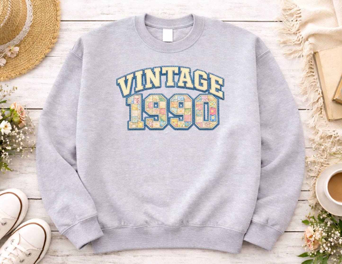 Vintage 1990 Varsity Sweatshirt | Floral Quilt Patchwork Crewneck | Retro 90s Birthday Sweatshirt