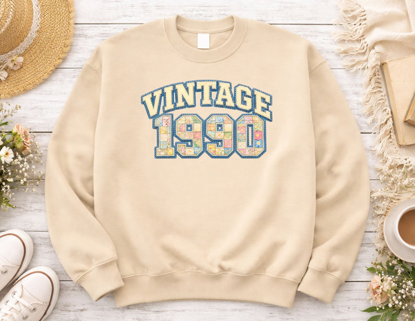 Vintage 1990 Varsity Sweatshirt | Floral Quilt Patchwork Crewneck | Retro 90s Birthday Sweatshirt